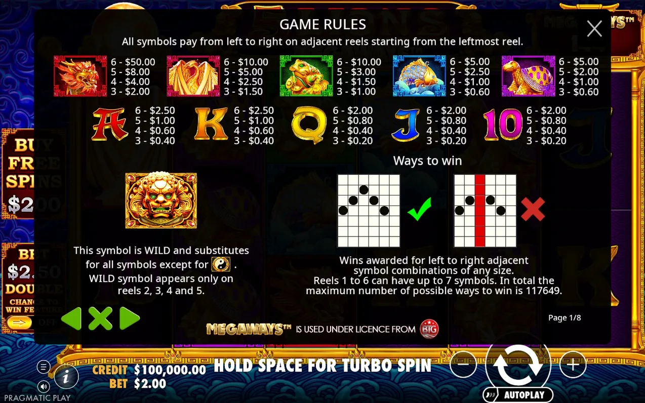 Paytable page 1/8: symbol payouts, gold lion wild rules, and ways-to-win diagrams with check/X icons.