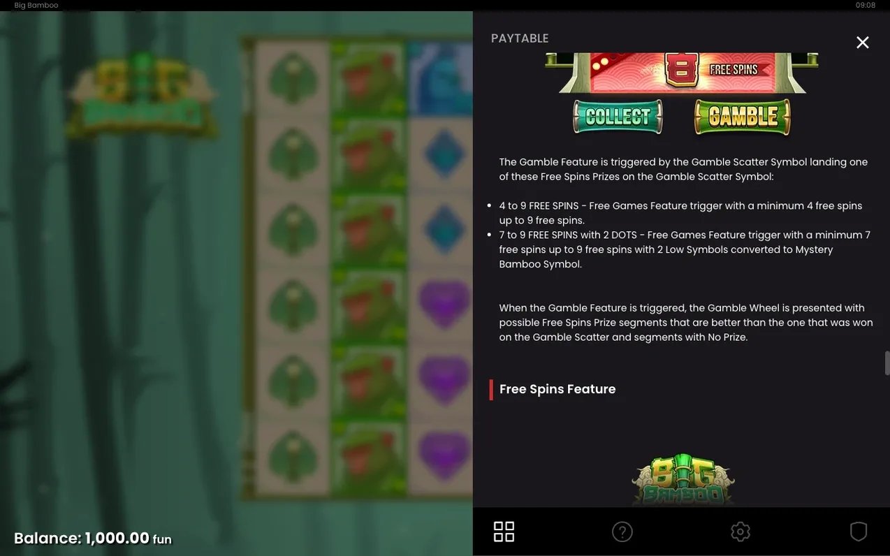 Paytable page explains the Gamble Feature ladder with Collect and Gamble buttons over blurred reels.