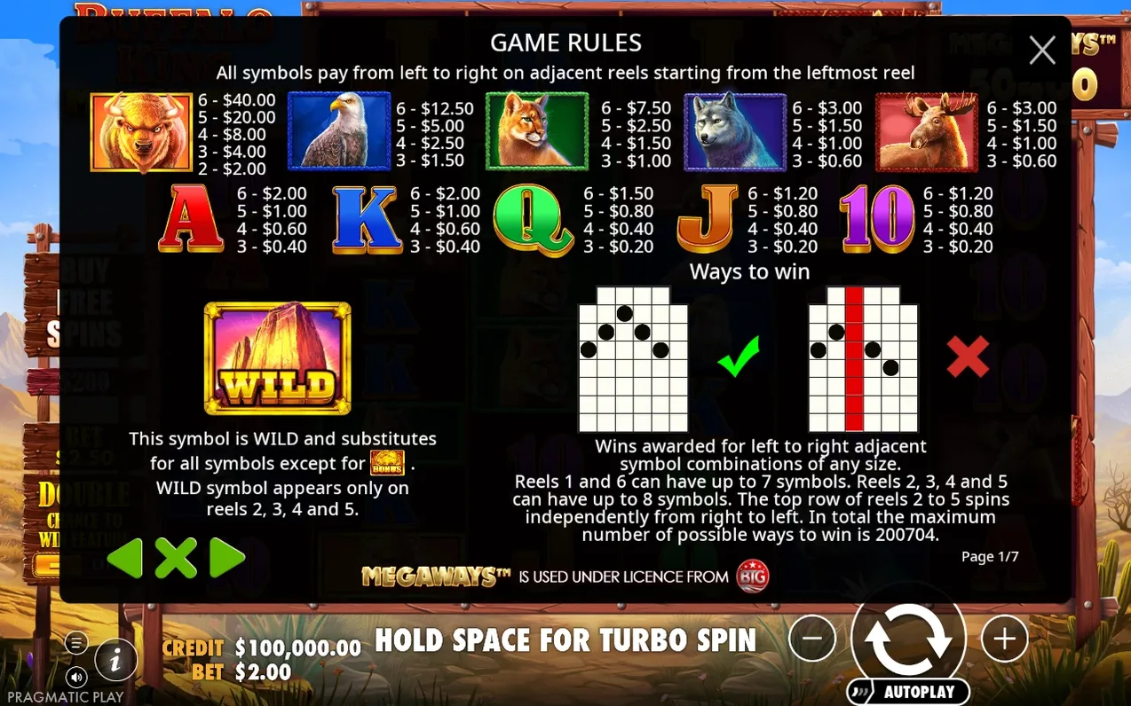 Buffalo King Megaways paytable: buffalo, eagle, cougar, wolf, moose and card payouts, plus WILD rule and ways-to-win grids
