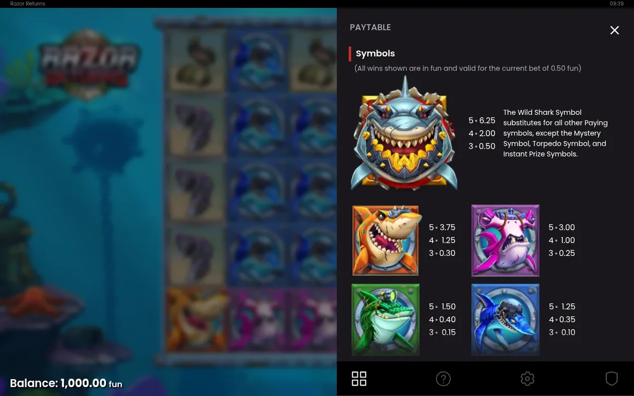 Paytable lists Wild Shark and four fish symbols with 3/4/5-of-a-kind payouts from 0.10 to 6.25 fun