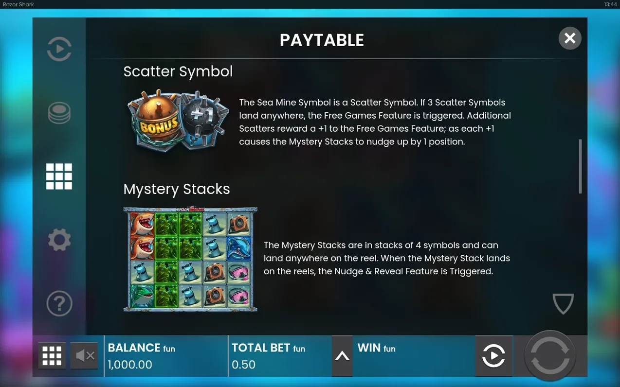 Paytable explains the Sea Mine Scatter symbol and Mystery Stacks feature, with reel diagram