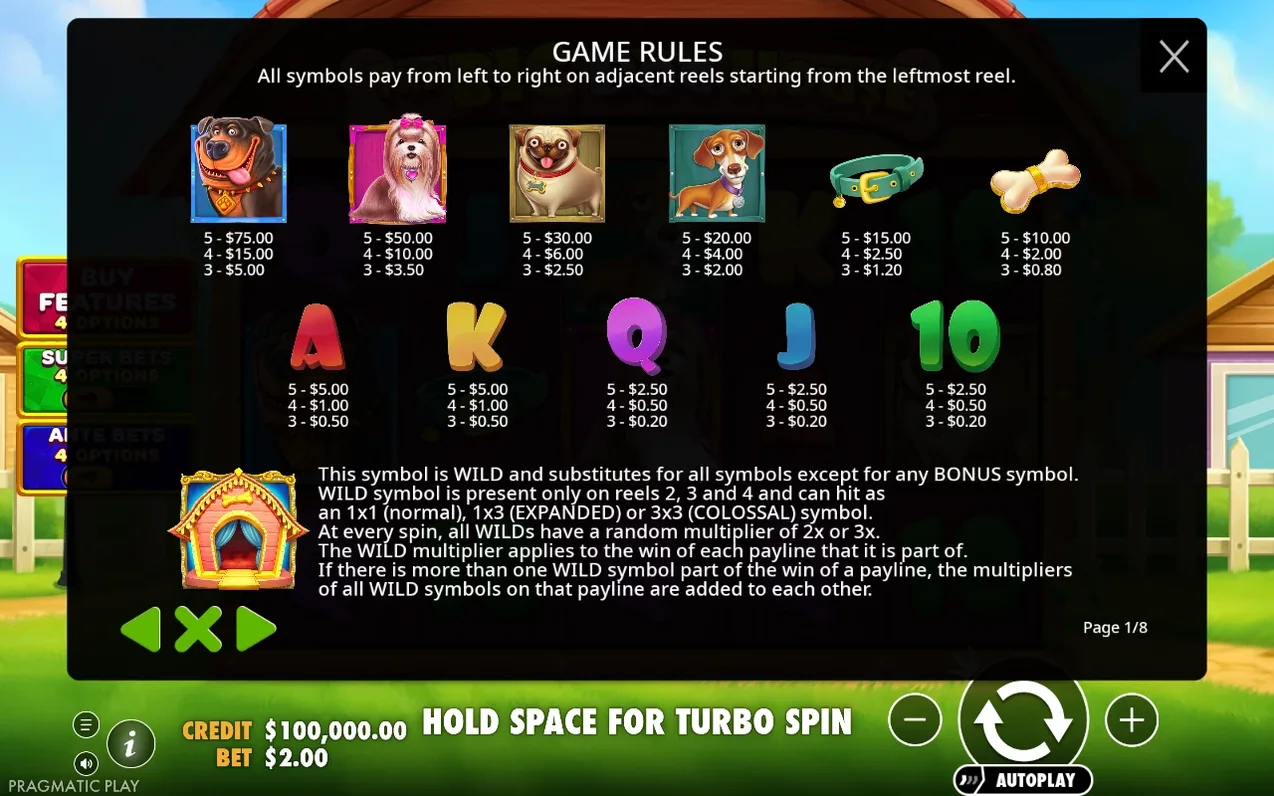 Game rules page 1 of 8 lists dog symbol payouts and explains the wild dog house symbol's rules.