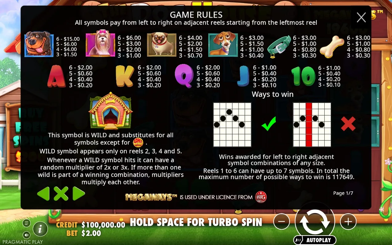 Paytable page 1 of 7 lists dog symbol payouts, wild dog-house rules, and ways-to-win diagrams.